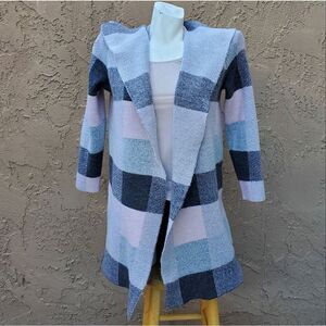 Loft open front gray and pink plaid coat